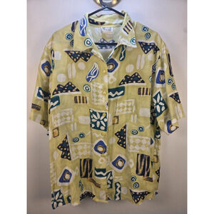 Script Vintage Women Short Sleeves Shirt Padded Shoulder Yellow And Blue Size 14